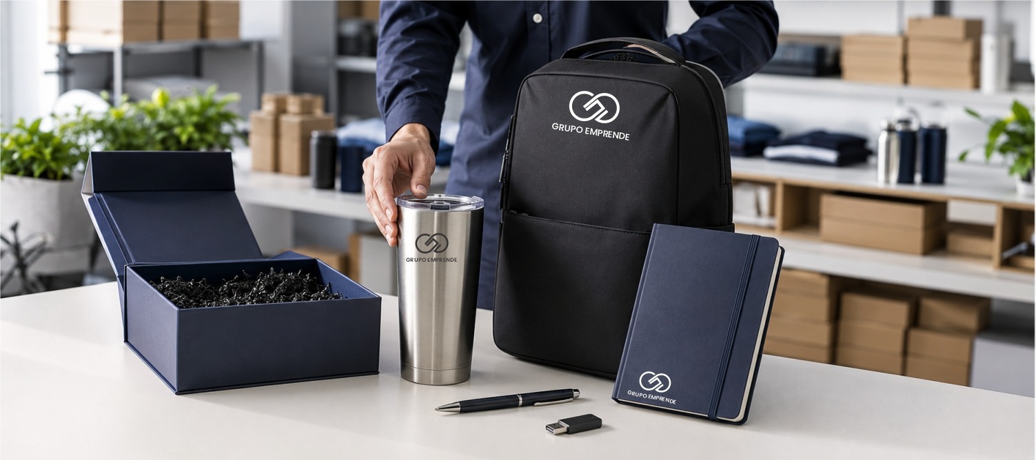 Artículos promocionales personalizados: mochila, termo, libreta y USB con logotipo