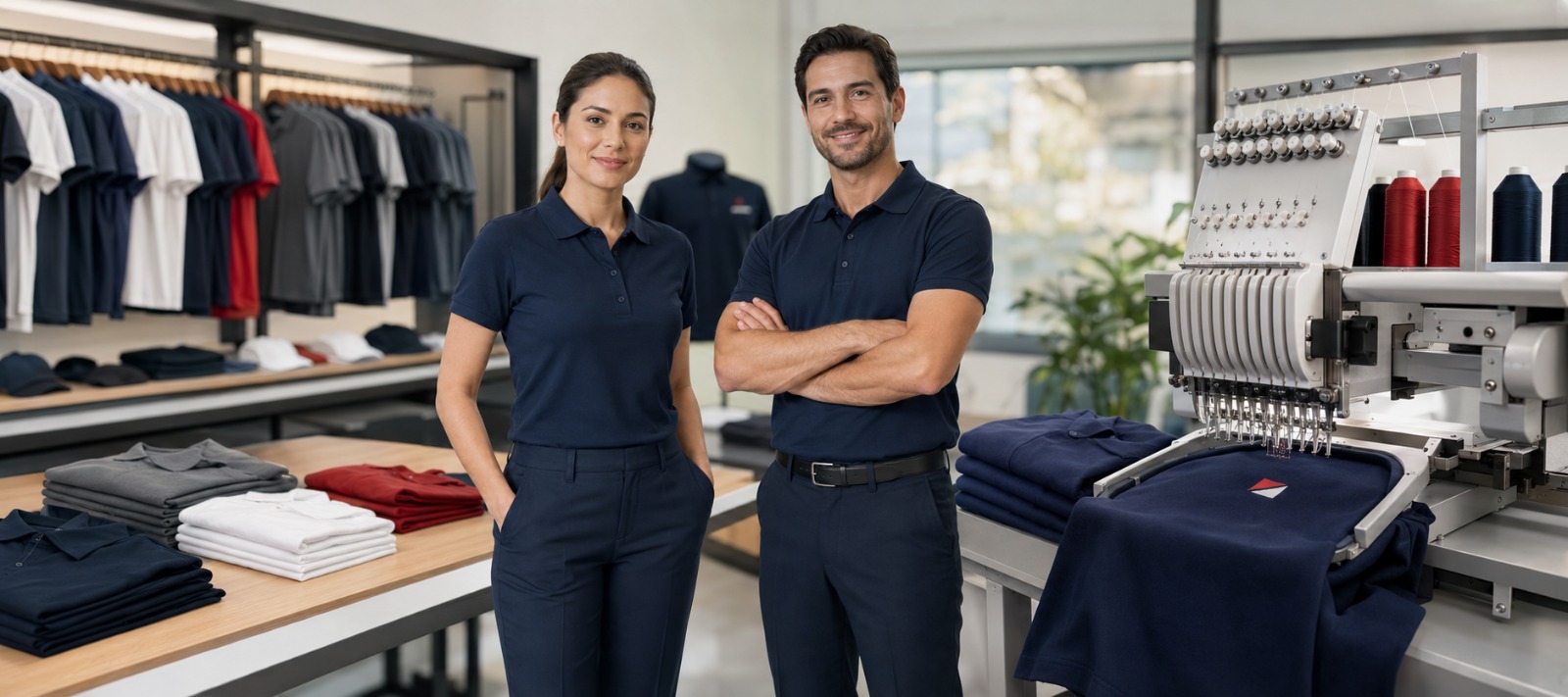Equipo de trabajo con uniformes bordados frente a bordadora industrial